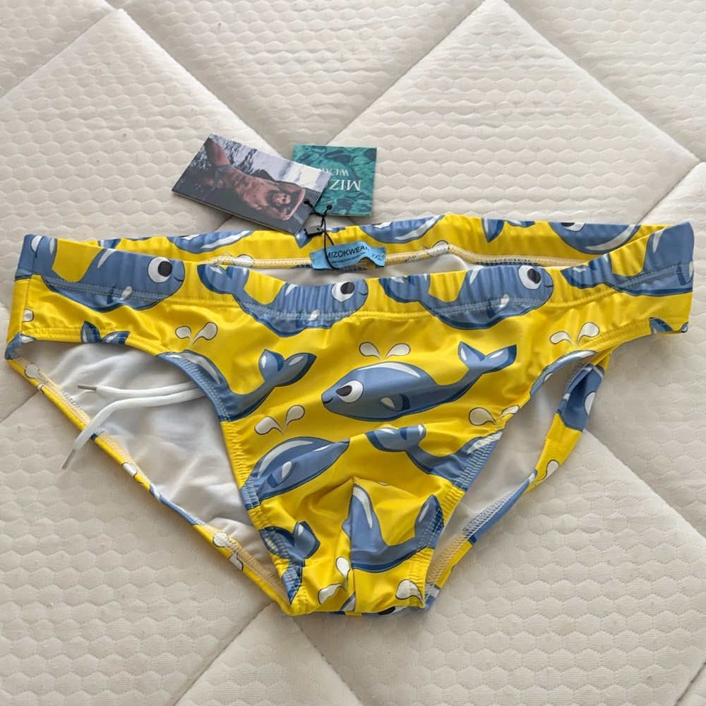MIZOK Mens Whales Prints Swim Briefs Sexy Funny Cartoon Swimsuit Bikini